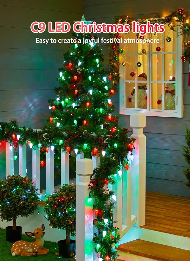 C9 LED Christmas Lights Outdoor, 81 Feet 100 LED String Lights with Timer & 8 Light Mode, Waterproof Connectable Christmas Tree Lights for Outside Indoor Roofline Patio Decor, Red, Green & Pure White