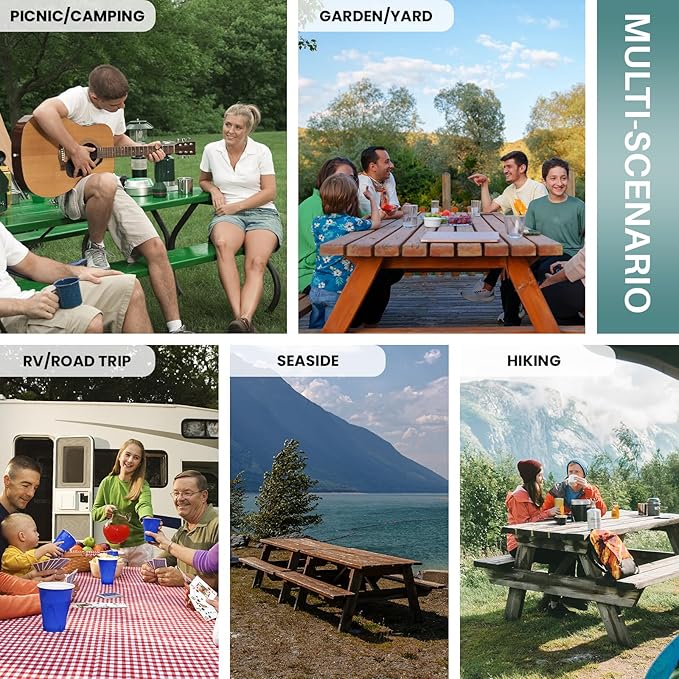 Fitted 6Ft Picnic Table Cover with Chair Covers Elastic Polyester Stain Resistant Reusable Camping Table Cloth Patio Glamping Equipment Hiking Rv Outdoor Necessities Gifts for Grandma Grandpa