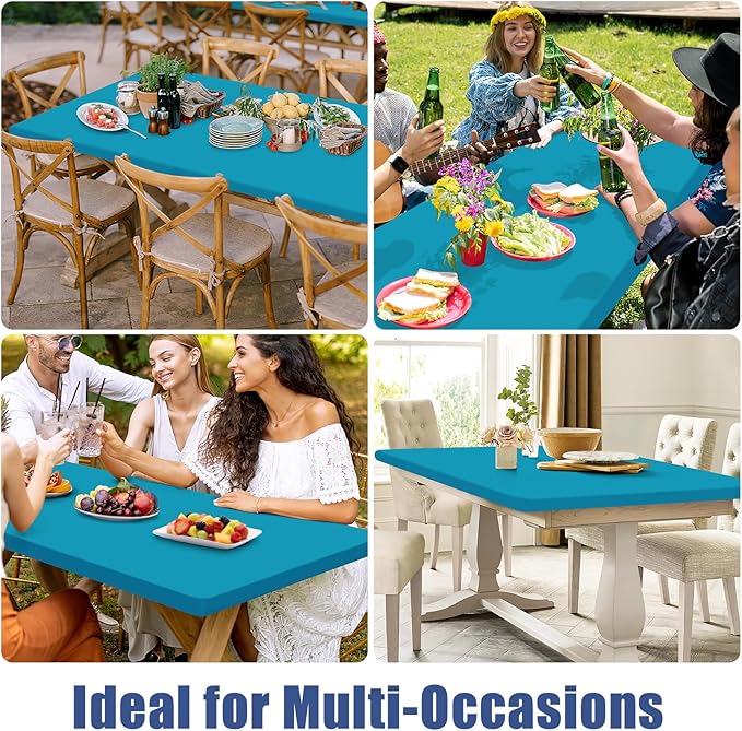 Spandex Picnic Table Cloth 2 Pack, Elastic Fitted Tablecloths for 8 Foot Rectangle Tables, Stretch Washable Patio Table Cover for Outdoor, Camping, Banquet and Parties (Teal, 30"x96")