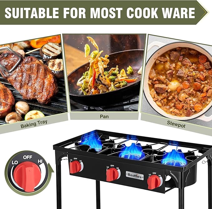Bestfire 3 Burners Camping Stove for Cooking Outdoor, 225,000 BTU Propane Burners with Auto Ignition Button&Removable Legs, Temperature Control Knobs and 20 PSIG High Pressure Regulator for BBQ