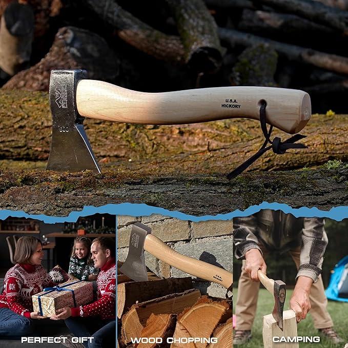 Prandi Axes German Style C45 Forged Carbon Steel Hatchet - Hickory Handle with Leather String - Lightweight Axe for Camping, Chopping, and Cutting - S/N 3.003.06.CH - 14.17" L x 5.90" W, No Sheath