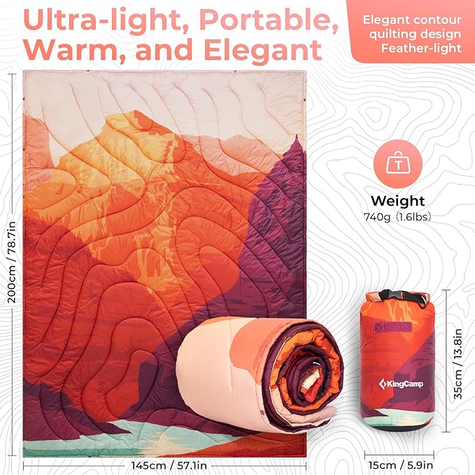 KingCamp Ultralight Camping Blanket, Packable Down Alternative Puffy Printed Wearable Blanket with Snap Buttons & Corner Loops Weatherproof Quilt for Outdoor Travel Stadium (79"L x 57"W, ORANGE)