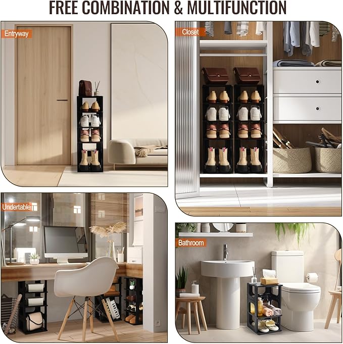 TRZZ 5-Tier Small Shoe Rack, Vertical Narrow Stackable Organizer with Removable Partition, Efficient Shoe Storage for Closet, Entryway, and Small Spaces (Black)