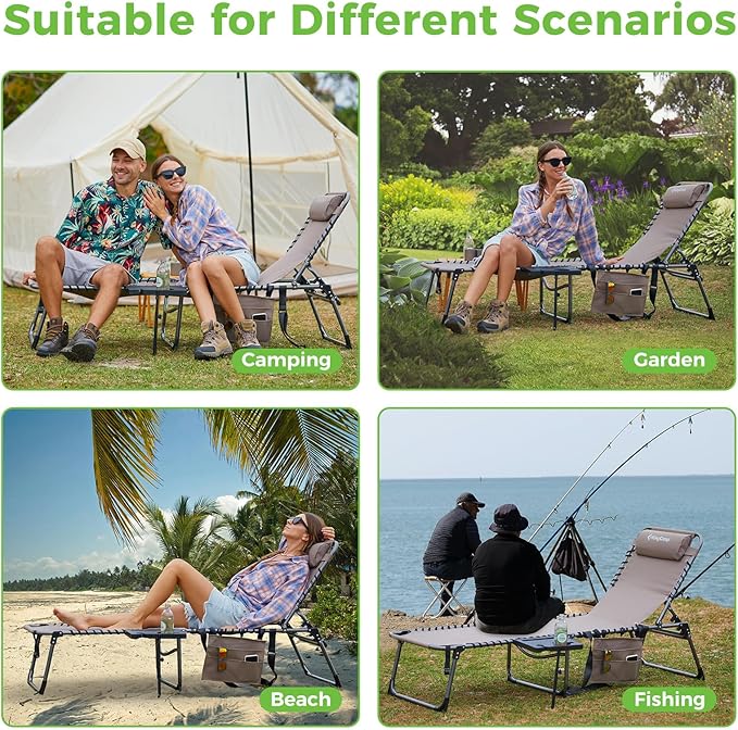 KingCamp Folding Chaise Lounge Chair for Outside Beach, Sunbathing, Patio, Pool, Lawn, Deck, Lay Flat Camping Reclining Lounge Chair with Pillow & Side Table (1 Pack, Beige)