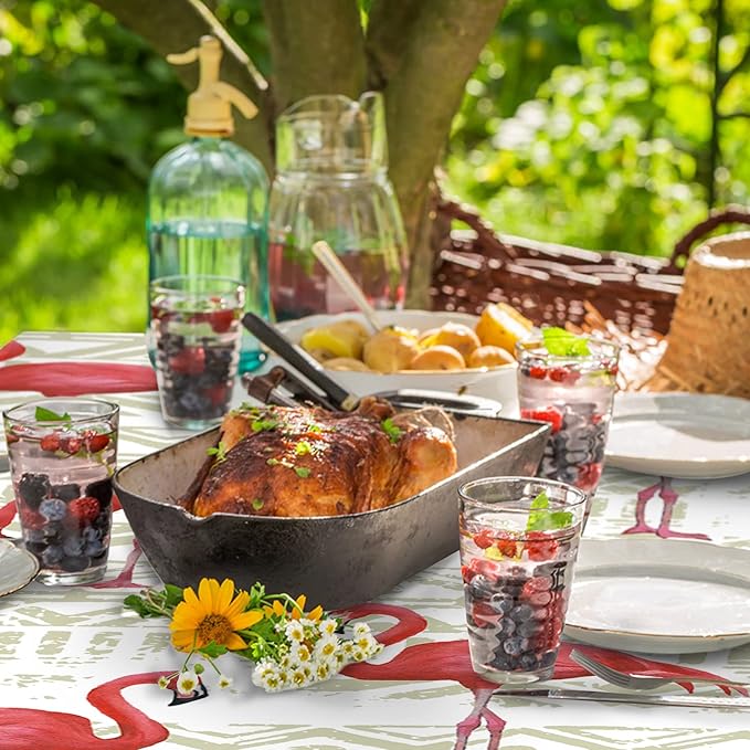 Picnic Table Cover with Bench Covers Vinyl Elastic Edges Fitted Rectangle Tables Seat Waterproof 3-Piece 96X30in Set Outdoor Rectangular Folding Backing Tablecloth for Camping Over Size White Flamingo