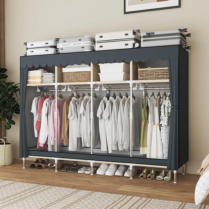 Portable Wardrobe Closet Durable and Easy to Assemble Heavy Duty Clothes Rack with Non-Woven Cover Fabric Best for Bedroom and Easy Storage and Organization (Grey-B)