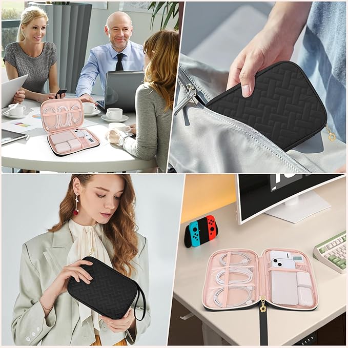 Electronics Organizer Travel Case, Charger Bag Cord Organizer Travel, Compact Tech Pouch Cable Organizer Bag for Charger, Cords, Phone, Headphones, Flash Drive, SD Card (Black, Small-Single Layer)