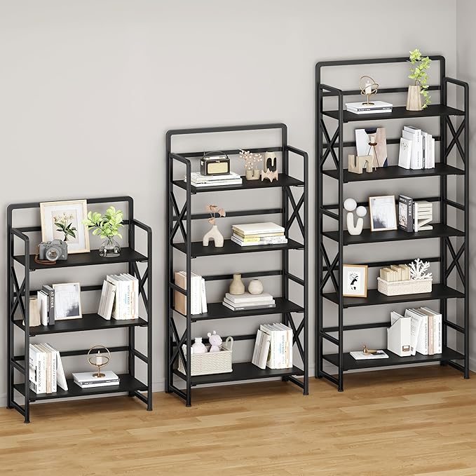 No Assembly Folding Bookshelf, 5 Tiers Vintage Wood Collapsible Book Shelf for Storage,Industrial Metal Foldable Bookcase Organizer for Living Room Bedroom Home Office (Black)