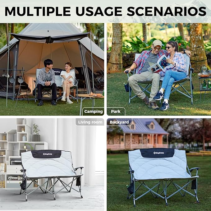 KingCamp Double Camping Chair, Oversized Heavy Duty Loveseat for Adults Portable Folding XL 2 Person Couch Padded Comfortable Two Seat with Cup Holder for Outdoor Lawn Backyard