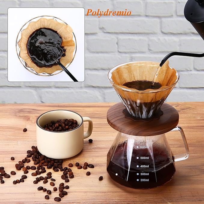 Glass Coffee Dripper with 100 pcs of Size 02 Paper Filter, Borosilicate Glass & Walnut Collar, Pour Over Coffee Maker, 1-3 Cups, Clear