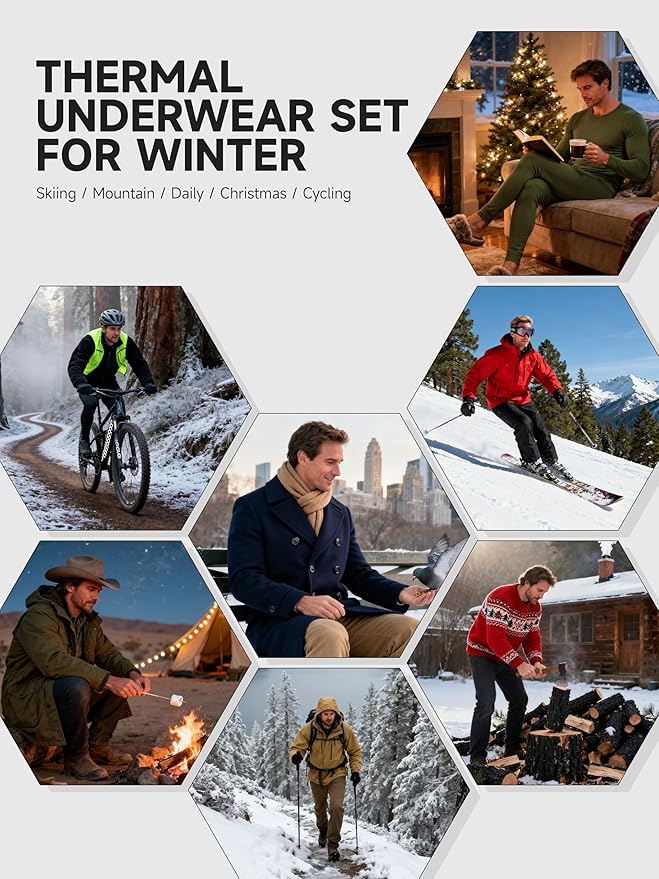 VZV Thermal Underwear for Men Fleece Lined Long Johns for Mens Thermals Top and Bottom Set Soft Base Layer for Winter