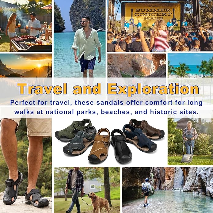 Men's Sport Sandals Closed Toe Leather Hiking Athletic Walking Outdoor Beach Trail River Fishing Water Shoes Lightweight Comfortable Waterproof