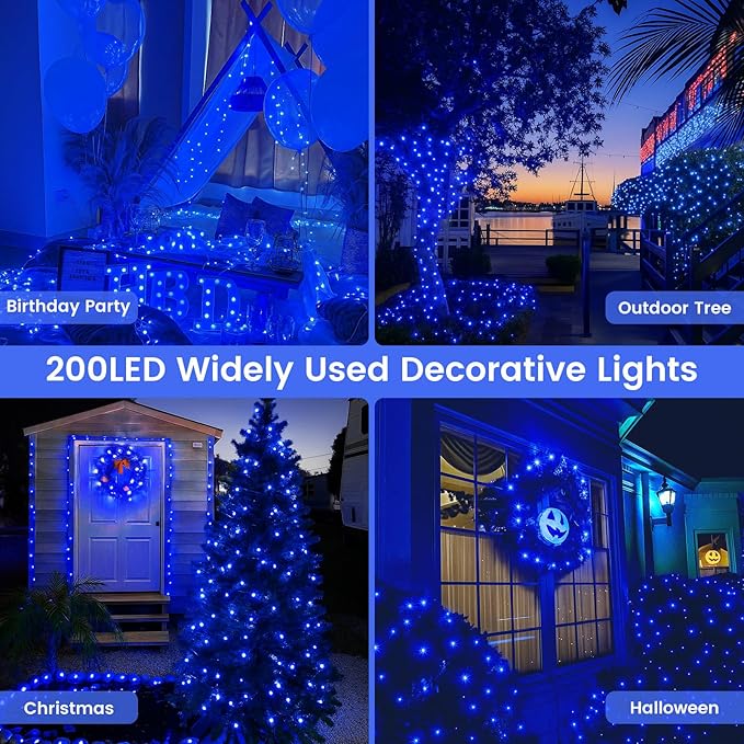 Upgraded Connectable 200 LED String Lights Indoor Outdoor, 66FT Blue Halloween Lights Waterproof, 13 Modes Twinkle Fairy Lights Plug in Clear Wire for Christmas Tree, Bedroom, Classroom, Wedding Decor