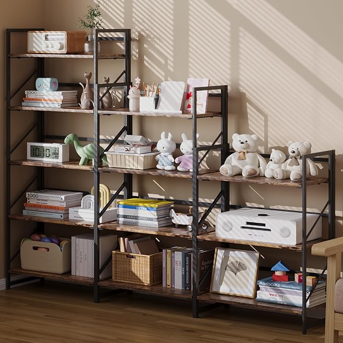 JSB No Assembly Folding Bookshelf, 3 Tier Industrial Metal Book Shelf for Storage, Vintage Wood Foldable Bookcase for Living Room, Bedroom, Office Organization Shelves