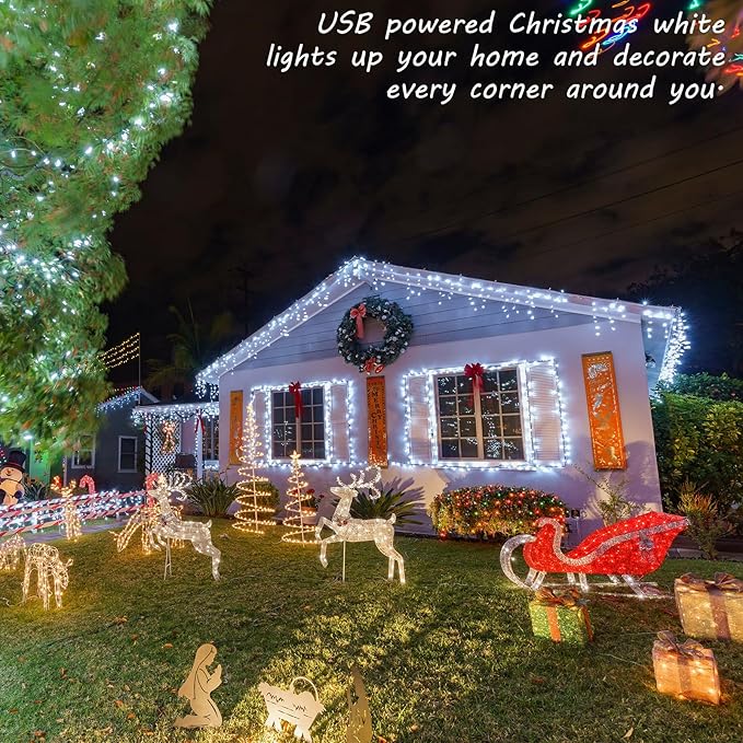 Macarrie 12 Pcs USB String Lights 33 ft 100 LED Fairy Lights Powered String for Christmas Indoor Outdoor Wedding Party Tree Home Festival Garden Decoration (Cool White)