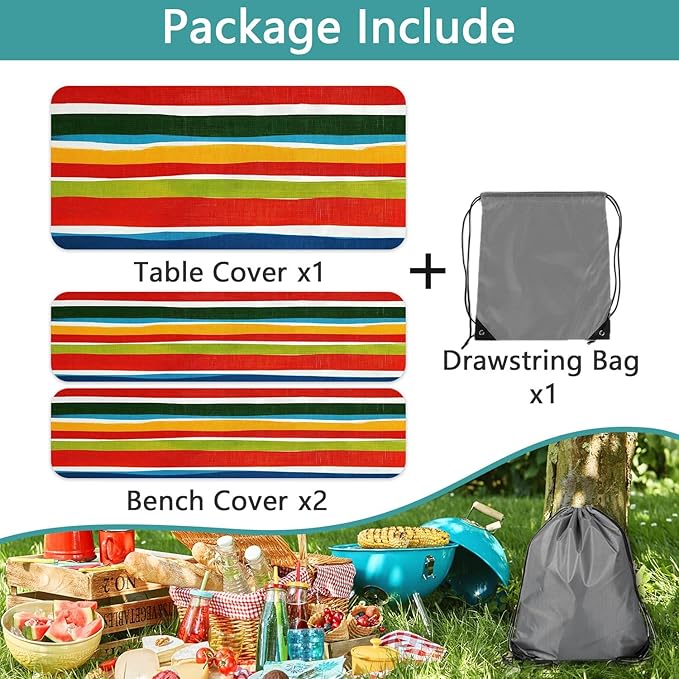 JAWO Picnic Table Covers with Bench Covers Modern Stripe Camping Tablecloth 6FT for 6 Person Fitted Picnic Table Cover with Elastic Windproof Waterproof Fabric, Camping Accessories Patio & Outdoor