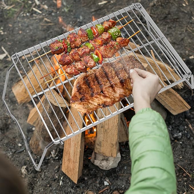 ZORMY 13" Small Folding Campfire Grill, 304 Stainless Steel Firepit Grill Grate, Heavy Duty Portable Camping Grill with Carrying Bag, Gas BBQ Grill Grate for Backpacking, Hiking, Picnics (Medium)