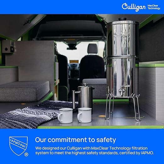 Culligan with MaxClear Technology 2.25 Gallon Gravity Water Filter System, Brushed Countertop Ceramic Water Filter NSF/ANSI Certified to Reduce Lead, Microplastics & Total PFAS, with 2 Filters