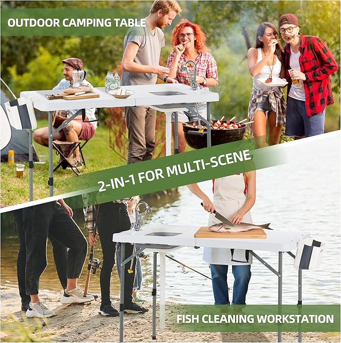 AHB 50" Folding Outdoor Fish Cleaning Table with Sink, Camping Kitchen Station Collapsible Faucet & Stainless Sprayer with 4pcs Fish Cleaning Kit for Camping, Picnic, Beach & Patio
