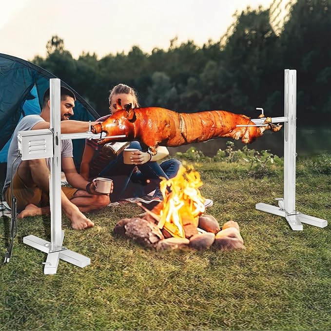 Electric Rotisserie Grill Kit, 90LBS Pig Spit Rotisserie, Stainless Steel Tripod Stand, 52' Pig Lamb Hooded Roaster, Charcoal Spit with 15W Motor & Height Adjustable for Camping