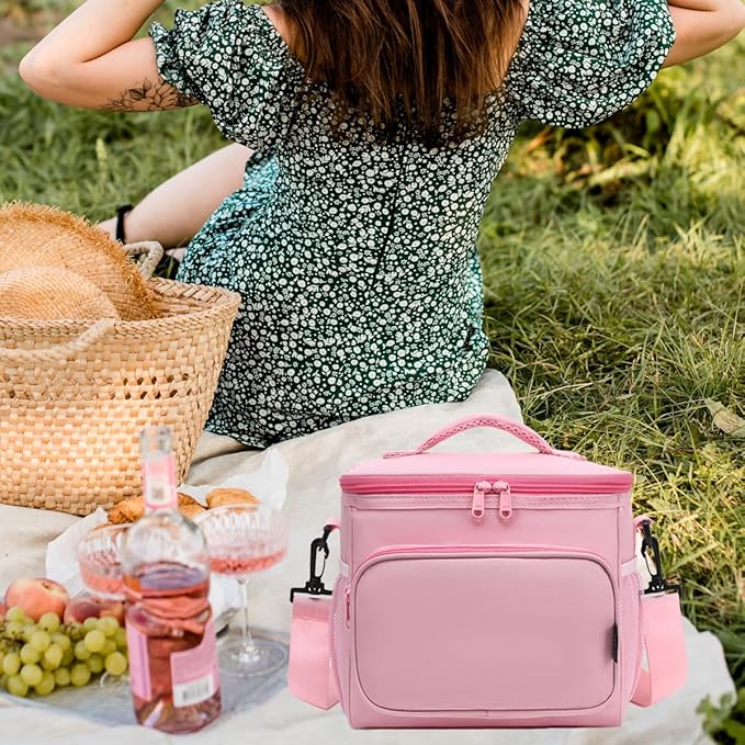 FlowFly Insulated Reusable Lunch Bag Adult Large Lunch Box for Women and Men with Adjustable Shoulder Strap,Front Zipper Pocket and Dual Large Mesh Side Pockets,Pink