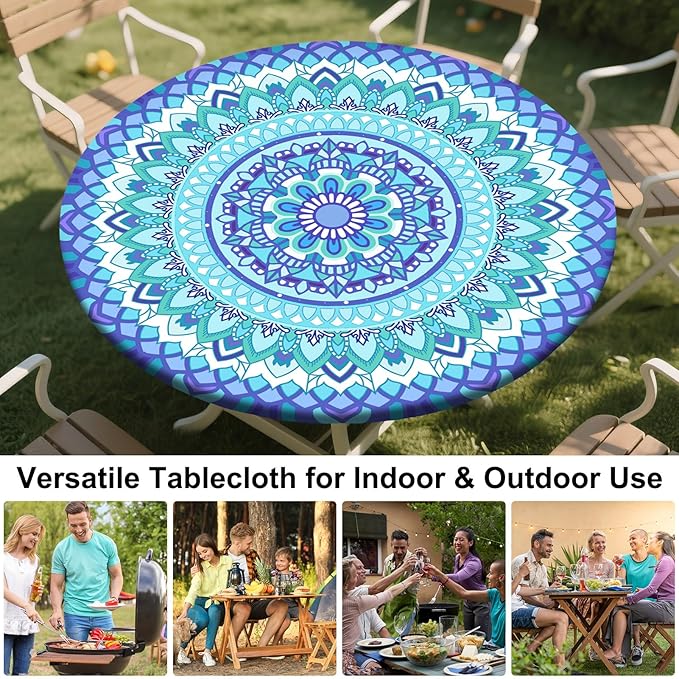 Round Tablecloth Fitted Elastic Table Cover Waterproof Table Cloth for Dinner, Party, Picnic,Camping, Round Table Cover for Indoor Outdoor