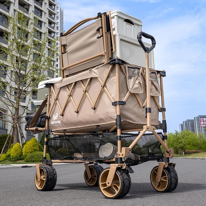 Whitsunday Double Decker Wagon, Heavy Duty Foldable Large Beach Wagon Cart with All-Terrain Big Wheels for Sports,Camping,Outdoor Khaki