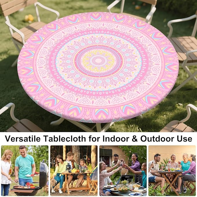 Round Tablecloth Fitted Elastic Table Cover Waterproof Table Cloth for Dinner, Party, Picnic,Camping, Round Table Cover for Indoor Outdoor