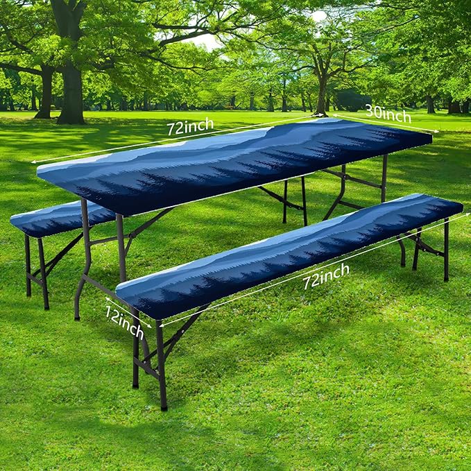 Picnic Table Cover with Bench Covers Elastic Edges, Blue Grey Mountain Pine Table Cover, Waterproof Windproof Fitted, for Outdoor Camping Patio Garden , Drawstring Bag,60 in