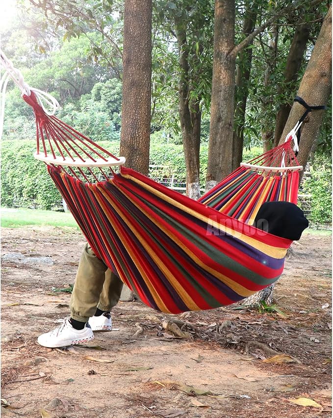 Anyoo Garden Cotton Hammock Comfortable Fabric Hammock with Spreader Bar Sturdy Hammocks Up to 450lbs Portable Lightweight Hammocks with Travel Bag for Camping Outdoor/Indoor Patio Backyard