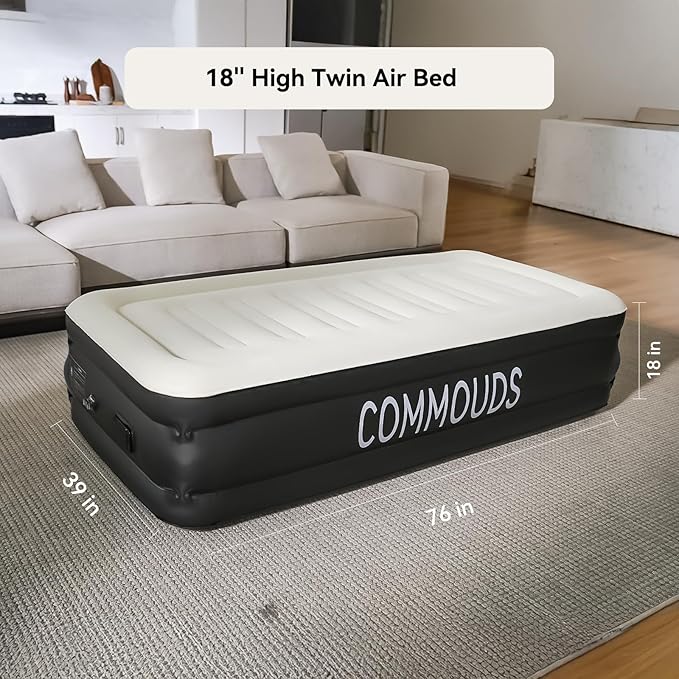 COMMOUDS Twin Air Mattress with Built-in Battery Powered Removable Pump, 18" High Inflatable Mattress, Portable Blow up Mattress, Air Bed for Camping, Home and Guest