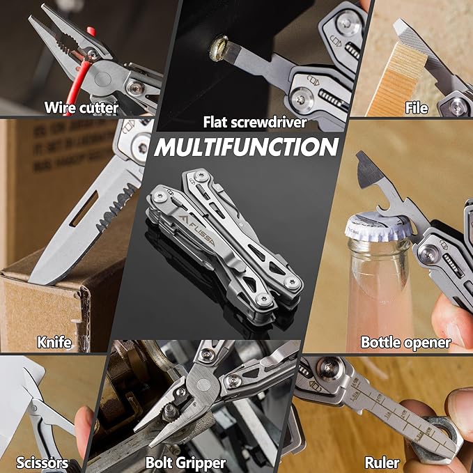 FLISSA 16-in-1 Stainless Steel Multi Tool, Gift for Dad, EDC Multitool with Pocket Knife, Pliers, Belt Clip and Oxford Sheath, Self-locking Utility Multi-Tool for Camping Survival Outdoor