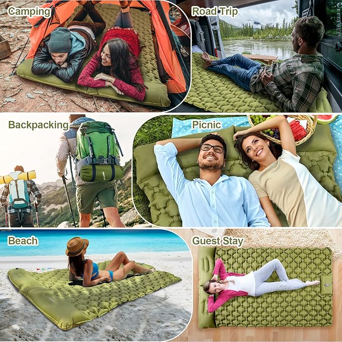 Night Cat Inflatable Double Sleeping Pad Mat Bed with Foot Pump and Double Pillow for Camping Backpacking Hiking Ultra-Light Compact Comfortable 77"x 47"