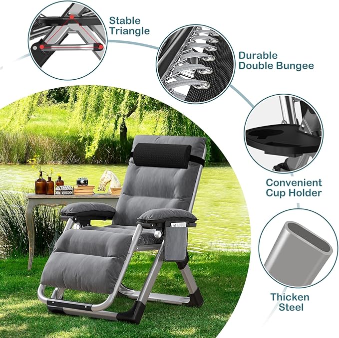 NAIZEA Padded Zero Gravity Chair, Folding Outdoor Lounge Chairs, Adjustable Reclining Camping Chairs with Cup Holder, Ergonomic Patio Lawn Chair for Balcony Beach Deck Yard