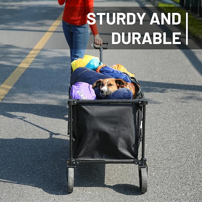 EchoSmile Heavy Duty 350 Lbs Capacity Collapsible Wagon, Outdoor Folding Camping Wagons, Grocery Portable Utility Cart, Adjustable Rolling Carts, All Terrain Sports Wagon with Big Wheels (Dark-Black)