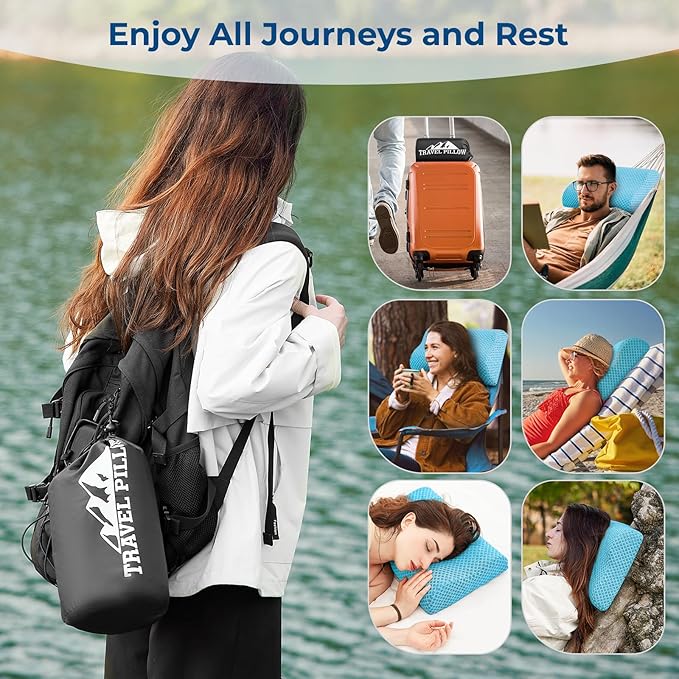 Travel Pillow Memory Foam Pillows, Ergonomic Wave Cervical Neck Pillow for Neck Pain Relief, Compressible Medium Firm Side Sleeper Pillow, Ideal for Camping, Office, Home & Bed (Light Blue, M)