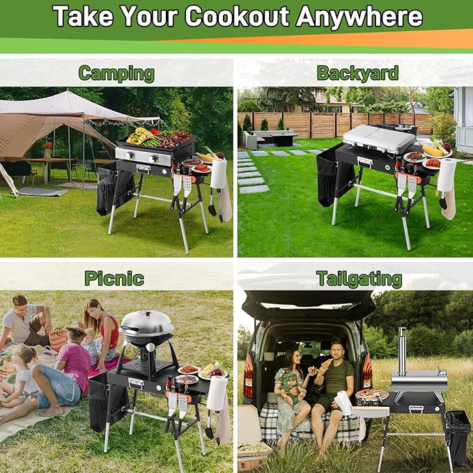 Outdoor Grill Table Blackstone Griddle Stand 17" & 22", Folding Camping Table with Side Shelf and Caddy, Ninja Grill Stand& Pizza Oven Table for Tailgating, Blackstone Griddle Accessories