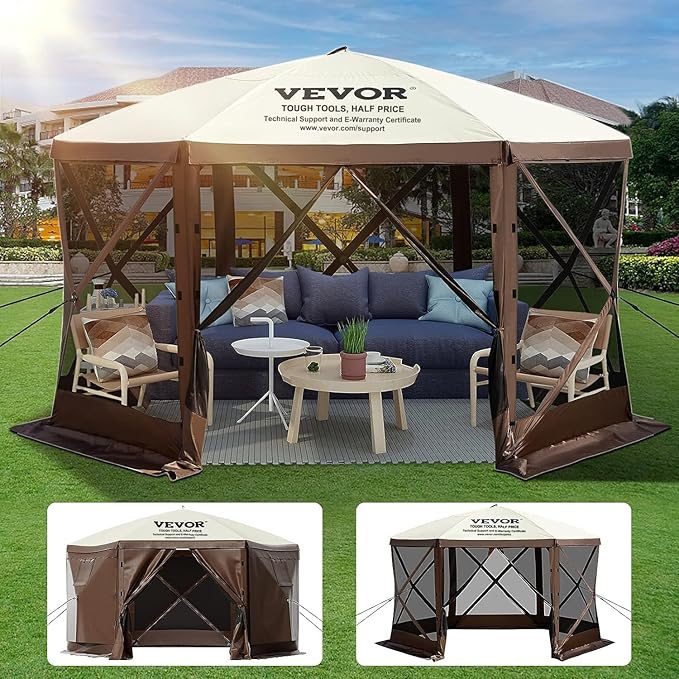 VEVOR Pop Up Gazebo Screen Tent, Pop-Up Instant Gazebo Tents with Mosquito Netting Outdoor Canopy, 6 Sided Sun Shelter 10x10ft with 6 Removable Wind Cloths & 2 Mesh Windows, Pavilion Tent for Patio