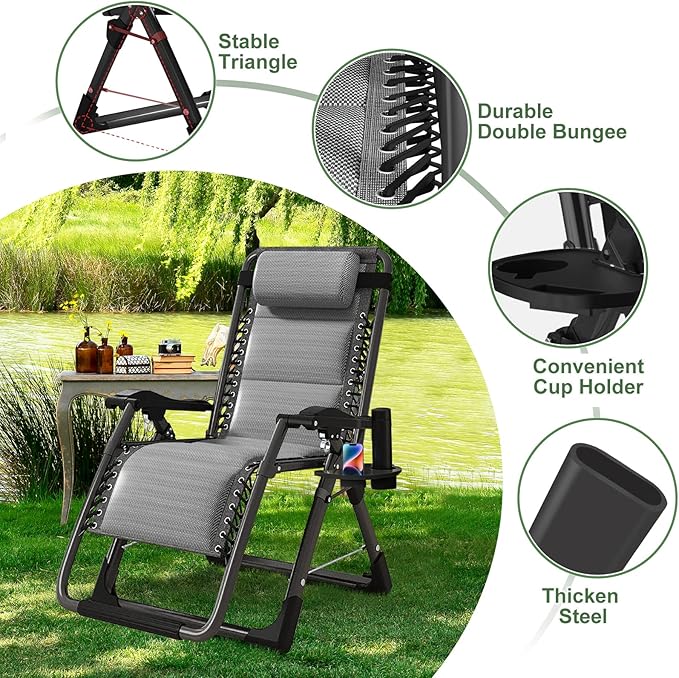NAIZEA Padded Zero Gravity Chair, Cooling Fabric Folding Outdoor Lounge Chairs, Adjustable Reclining Camping Chairs with Cup Holder, Ergonomic Patio Lawn Chair for Balcony Beach Deck Yard