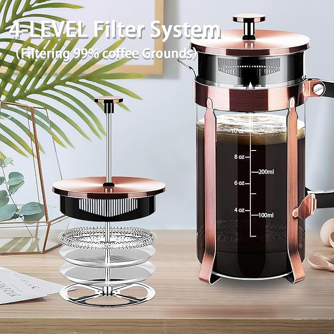 French Press Coffee Maker 304 Stainless Steel Coffee Press,with 4 Filters System, Heat Resistant Thickness Borosilicate French Press Glass, BPA-Free Brewed Tea Pot Coffee Plunger(Copper 12oz)