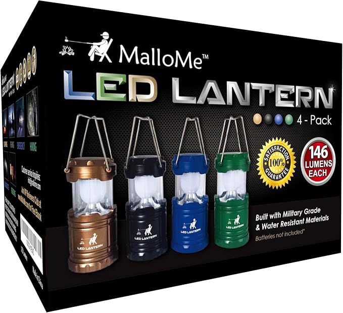 MalloMe Camping Lantern Multicolor 4 Pack Lanterns for Power Outages, Camping Lights for Tent Hanging, Camp Light Tent Lamp Emergency Battery Powered LED Lantern (Rechargeable Batteries Not Included)