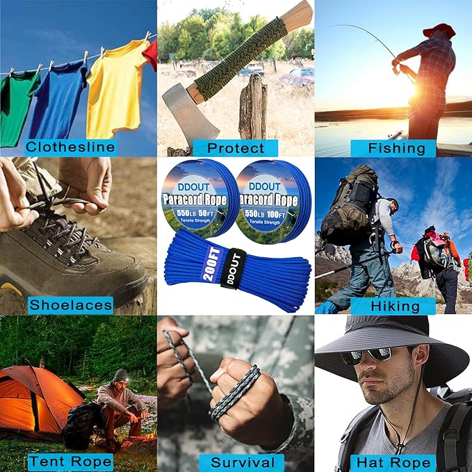 Paracord Nylon Rope Blue 100ft with 7-Strand Core, 10 Colors and 50/100/200 ft, Type III Parachute Cord 4mm for Camping, Survival, Hiking, DIY, Crafting, Outdoor Utility Rope