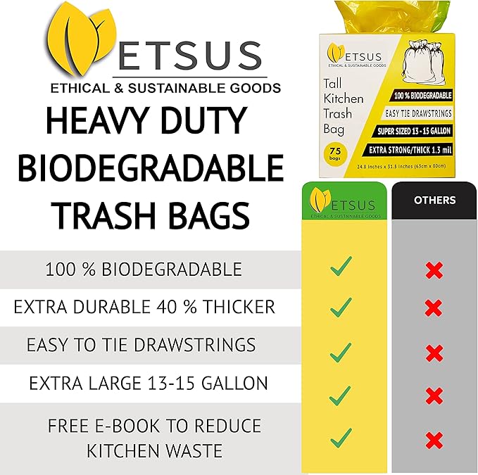 13 Gallon Biodegradable Trash Bags with Drawstrings, 75 Count Plant Based, Code Q Tall Kitchen Compost Bags 50 Liter Bin - Green Garbage Liners - 1.3 mil Thick Heavy Duty and Eco Friendly Trash Bags