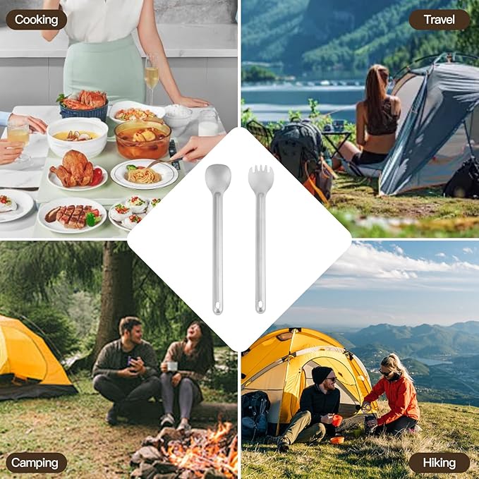 Titanium Camping Utensil Set Lightweight Titanium Flatware Tableware Cutlery Long Spork and Spoon with Carrying Bag for Traveling Picnic Hiking