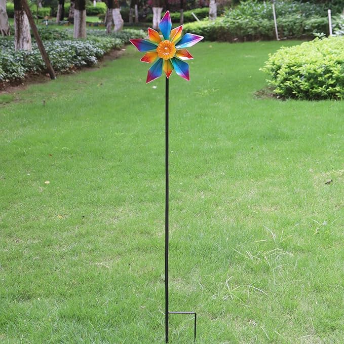 10" Small Metal Wind Spinner for Garden, 48" Tall Outdoor Flower Yard Decoration – Rainbow Gradient Petals, Weather-Resistant Garden Stake Spinner for Patio & Planter