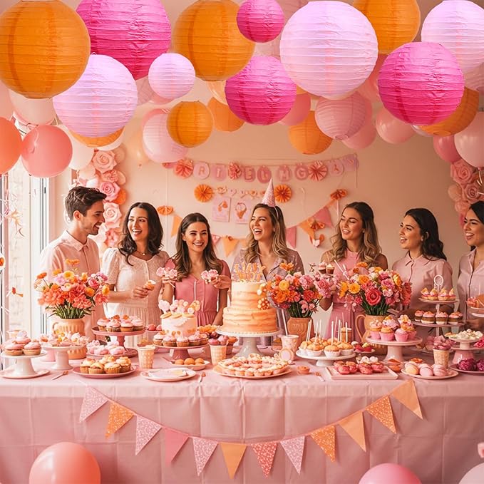 BEISHIDA 12Pcs Pink Orange Paper Lanterns Decorative Hanging Round Paper Lanterns Lamp for Birthday, Wedding,Bridal,Home Decor,Outdoor Decoration,Party Decoration