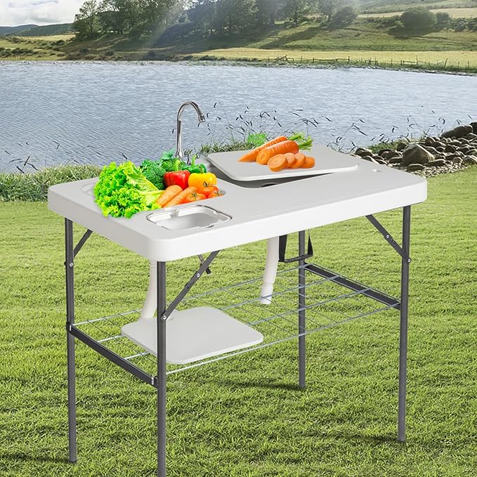 Outvita Folding Portable Camping Sink Table with Sink Faucet, Drainage Hose & Grid Rack, White