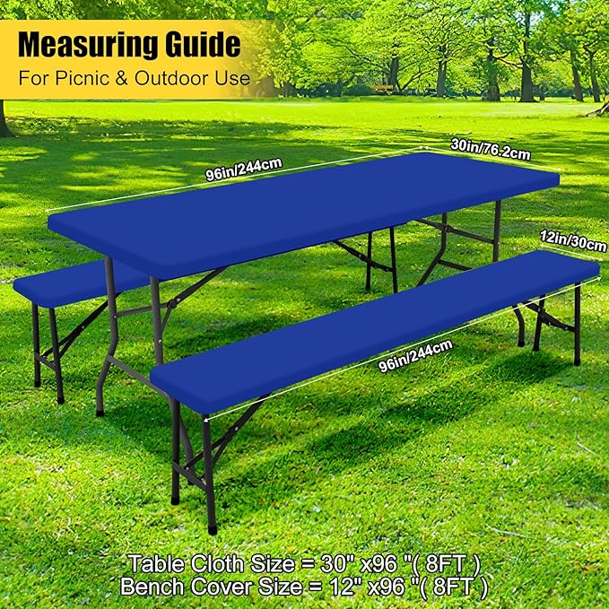 Smiry Picnic Table Cover with Bench Covers, Waterproof Elastic Fitted Polyester Tablecloths for 8 Ft Rectangle Tables, Washable Windproof Tablecloth for Camping, RV & Outdoor (Blue, 30x96 Inches)