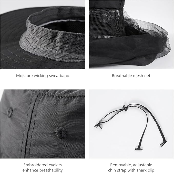 BASSDASH UPF 50+ Mosquito Sun Hat with Hidden Head Net and Neck Flap for Men Women Outdoor Fishing Hiking Camping FH16
