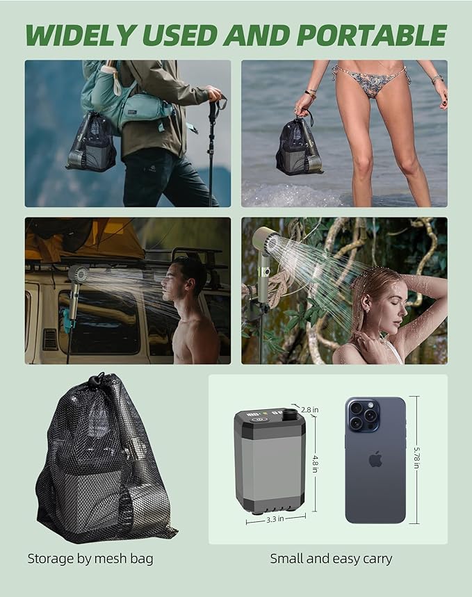 Portable Shower for Camping - 6000mAh Rechargeable Outdoor Camp Shower Pump with IPX8 Waterproof, LED Display & 4 Spray Modes for Travel, Pet, Car Wash